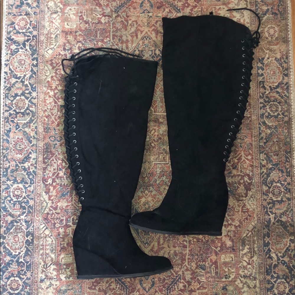 Over the knee black suede boots lace up back, wide caff